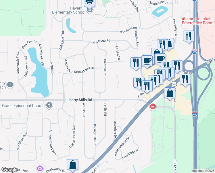 map of restaurants, bars, coffee shops, grocery stores, and more near 5606 Cresthill Drive in Fort Wayne