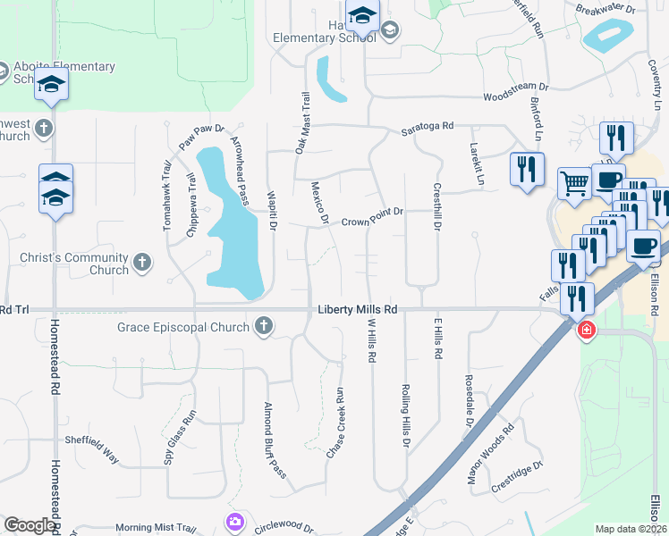 map of restaurants, bars, coffee shops, grocery stores, and more near 5531 Mexico Dr in Fort Wayne