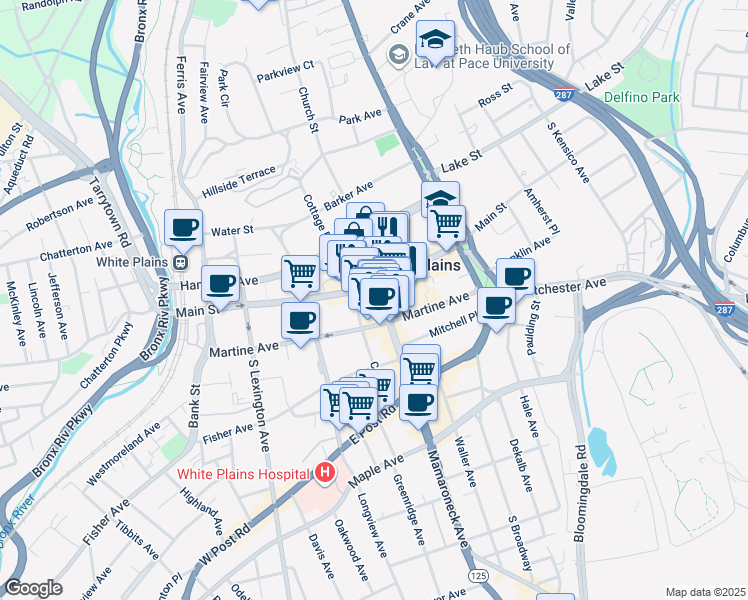 map of restaurants, bars, coffee shops, grocery stores, and more near 209 Main Street in White Plains