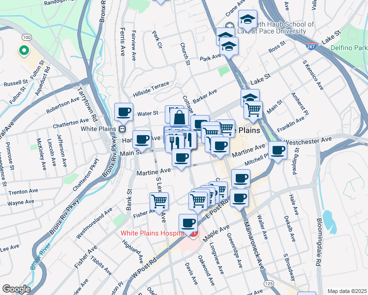 map of restaurants, bars, coffee shops, grocery stores, and more near 123 Main Street in White Plains