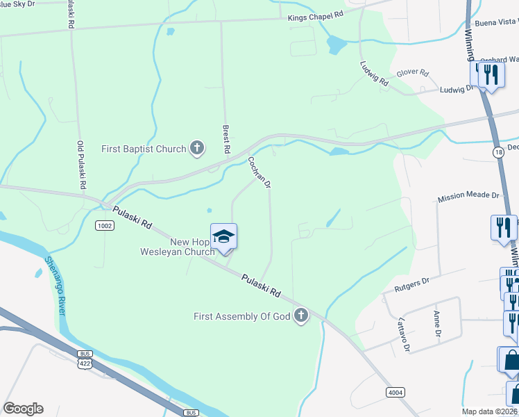 map of restaurants, bars, coffee shops, grocery stores, and more near 29 Cochran Drive in New Castle