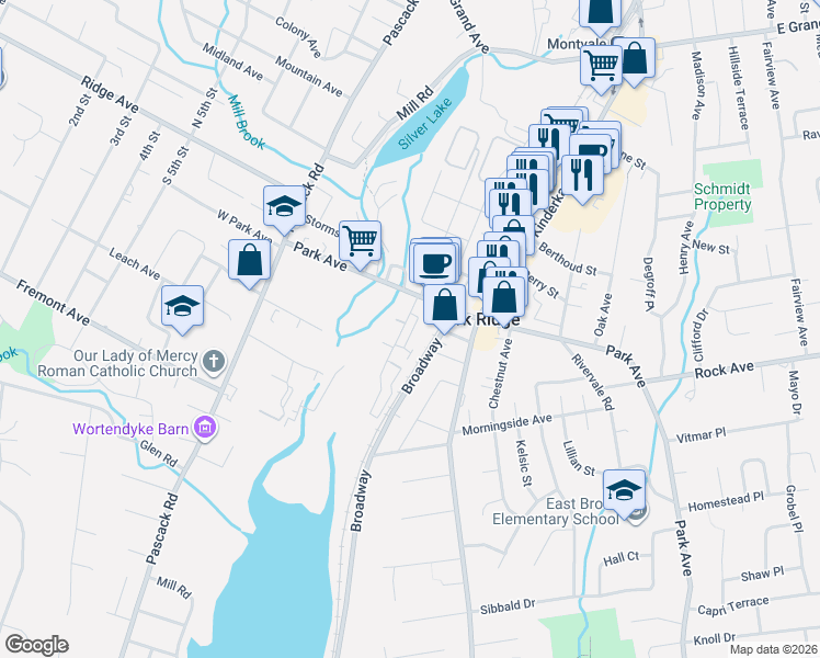map of restaurants, bars, coffee shops, grocery stores, and more near 1A South Maple Avenue in Park Ridge