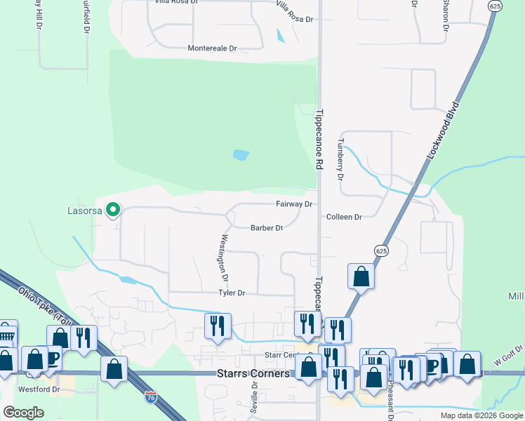 map of restaurants, bars, coffee shops, grocery stores, and more near 3736 Fairway Drive in Canfield