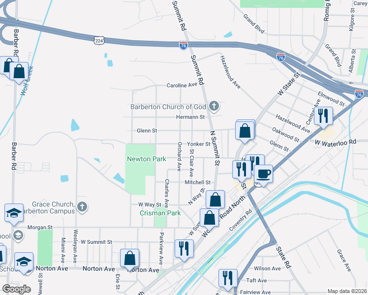 map of restaurants, bars, coffee shops, grocery stores, and more near 125 Yonker Street in Barberton