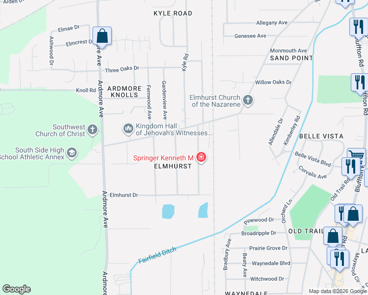 map of restaurants, bars, coffee shops, grocery stores, and more near 5615 Woodheath Avenue in Fort Wayne