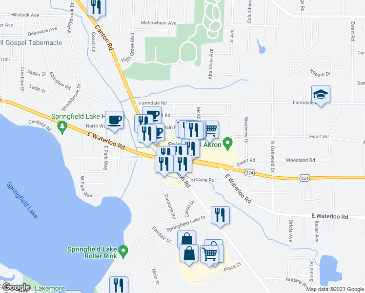 map of restaurants, bars, coffee shops, grocery stores, and more near 2801 East Waterloo Road in Akron