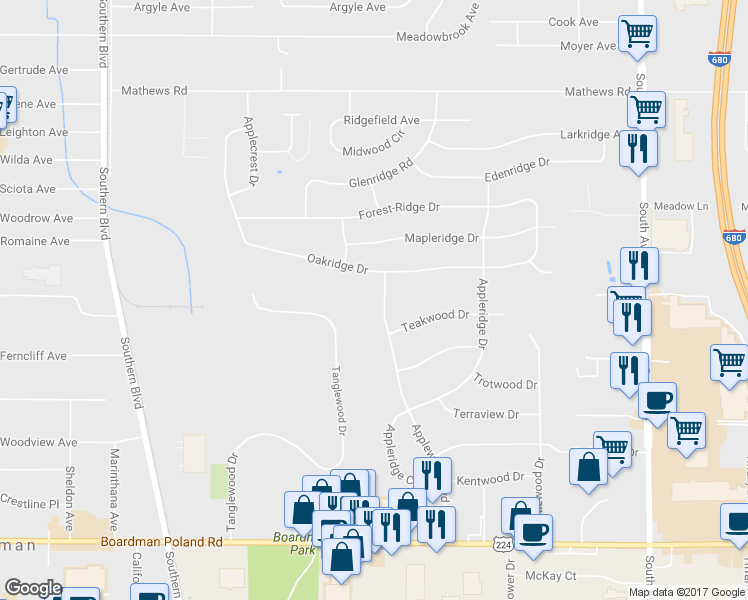 map of restaurants, bars, coffee shops, grocery stores, and more near 6508 Applewood Boulevard in Youngstown