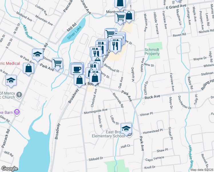 map of restaurants, bars, coffee shops, grocery stores, and more near 153 Park Avenue in Park Ridge