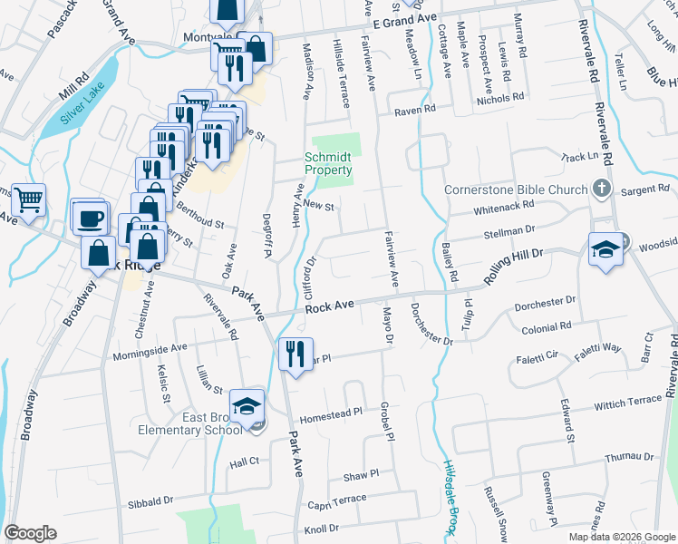 map of restaurants, bars, coffee shops, grocery stores, and more near 4 Lorraine Drive in Park Ridge