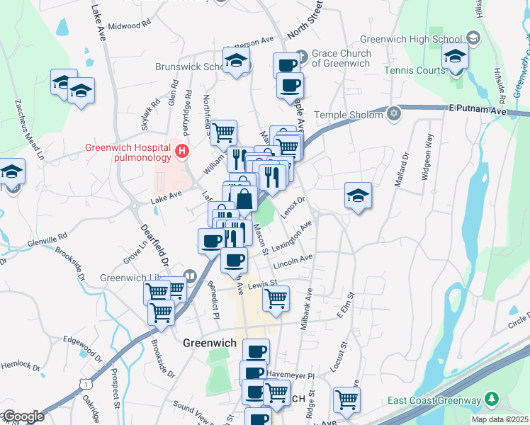 map of restaurants, bars, coffee shops, grocery stores, and more near 50 East Putnam Avenue in Greenwich