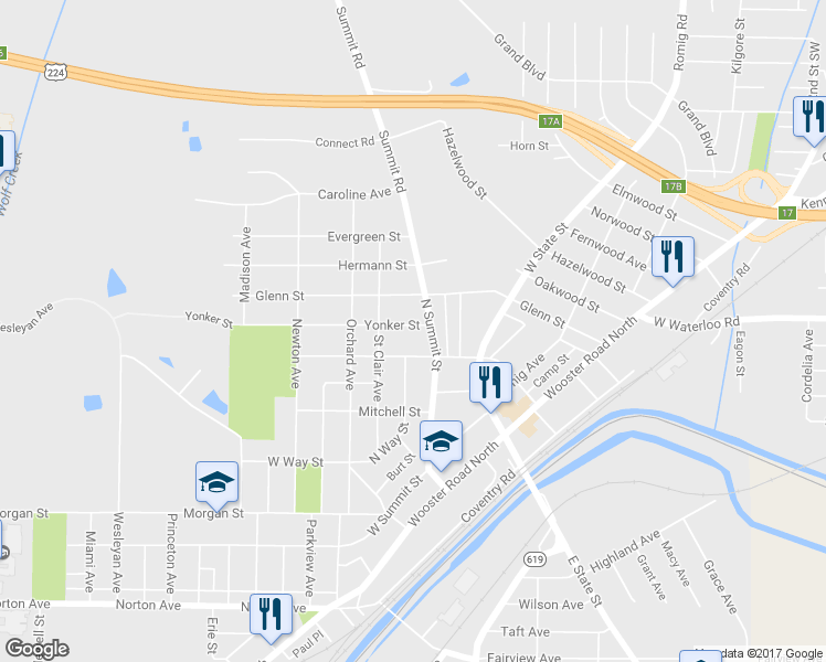 map of restaurants, bars, coffee shops, grocery stores, and more near 76 Yonker Street in Barberton