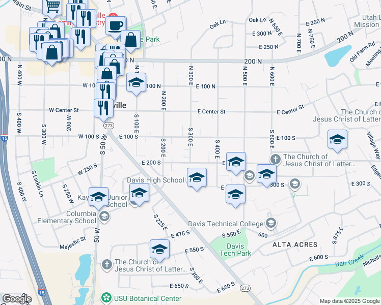map of restaurants, bars, coffee shops, grocery stores, and more near 133 South 300 East in Kaysville