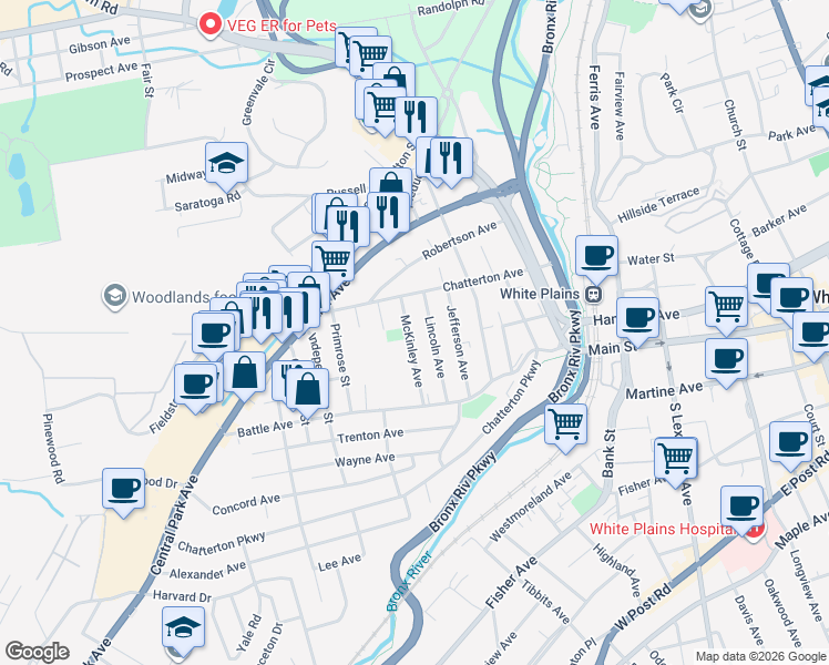 map of restaurants, bars, coffee shops, grocery stores, and more near 21 Lincoln Avenue in White Plains