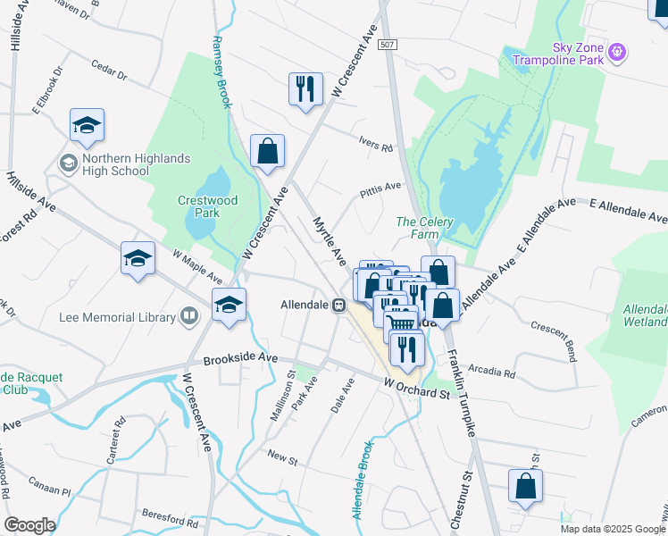 map of restaurants, bars, coffee shops, grocery stores, and more near 85 Myrtle Avenue in Allendale