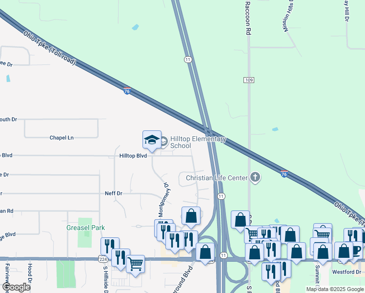 map of restaurants, bars, coffee shops, grocery stores, and more near 400 Hilltop Boulevard in Canfield