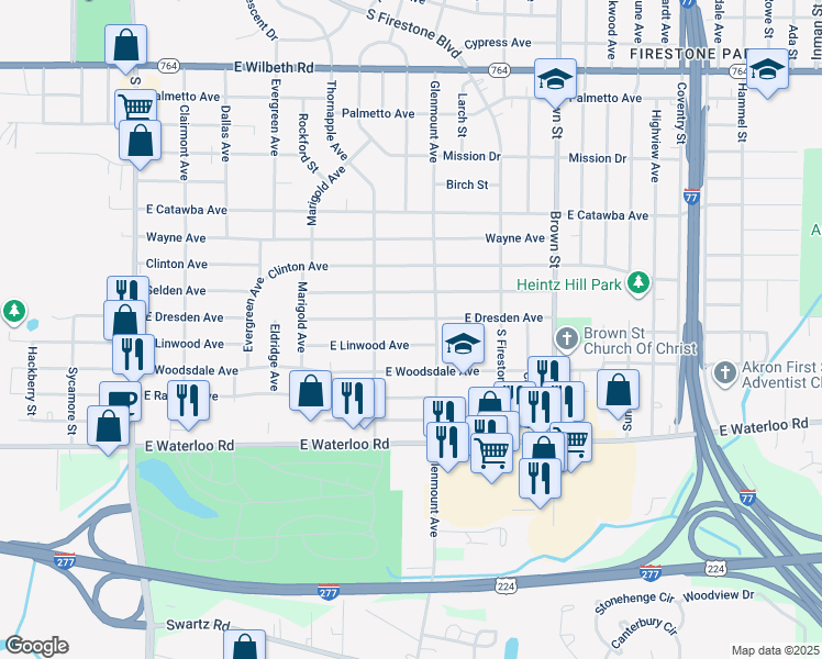 map of restaurants, bars, coffee shops, grocery stores, and more near 308 East Dresden Avenue in Akron