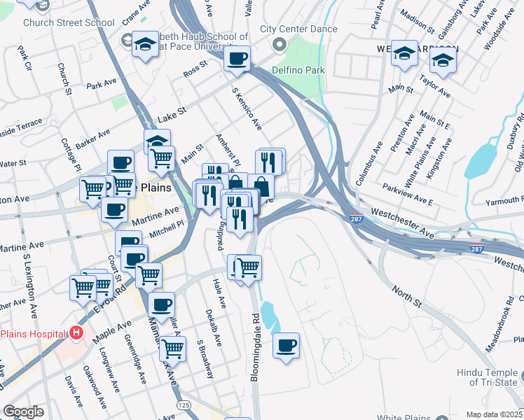 map of restaurants, bars, coffee shops, grocery stores, and more near 145 Westchester Avenue in White Plains