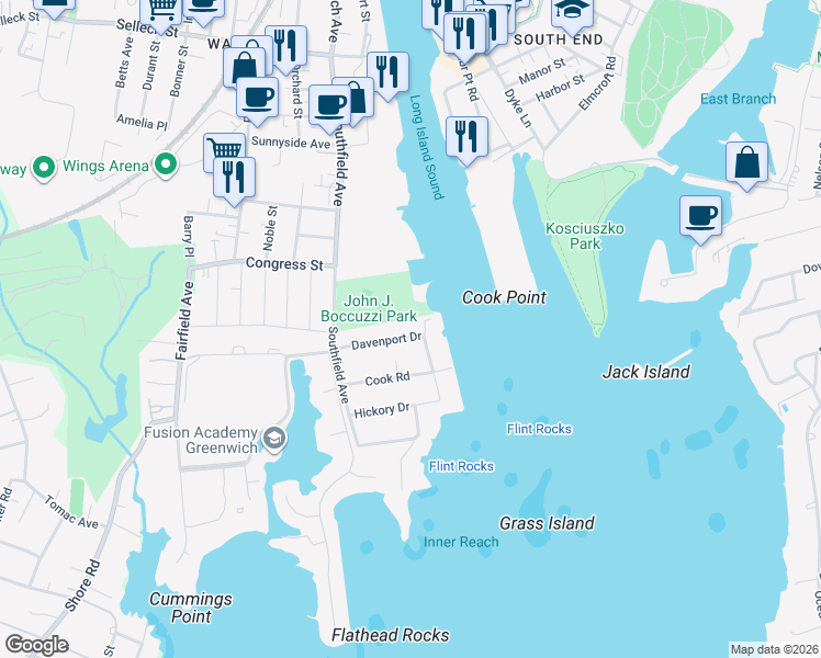 map of restaurants, bars, coffee shops, grocery stores, and more near 74 Davenport Drive in Stamford