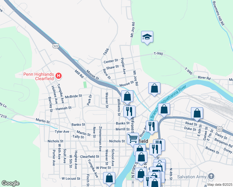 map of restaurants, bars, coffee shops, grocery stores, and more near 210 Mill Road in Clearfield