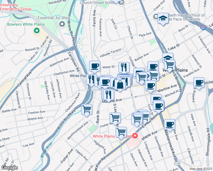map of restaurants, bars, coffee shops, grocery stores, and more near 1 North Lexington Avenue in White Plains