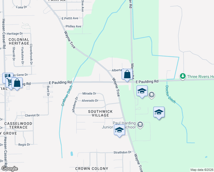map of restaurants, bars, coffee shops, grocery stores, and more near 4428 East Paulding Road in Fort Wayne