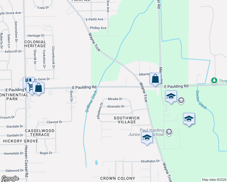 map of restaurants, bars, coffee shops, grocery stores, and more near 4312 East Paulding Road in Fort Wayne