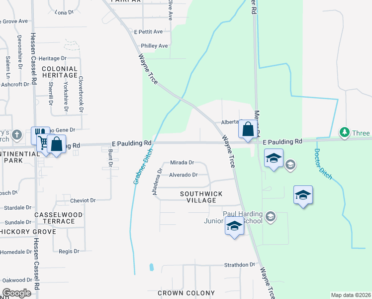 map of restaurants, bars, coffee shops, grocery stores, and more near 4312 East Paulding Road in Fort Wayne