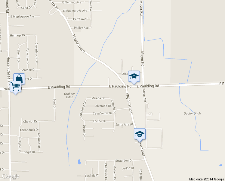 map of restaurants, bars, coffee shops, grocery stores, and more near 4428 East Paulding Road in Fort Wayne