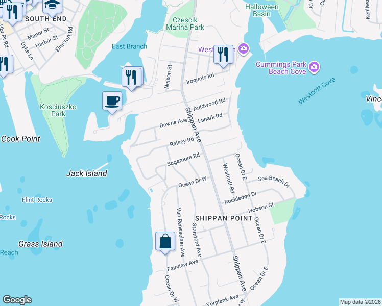map of restaurants, bars, coffee shops, grocery stores, and more near 25 Sagamore Road in Stamford