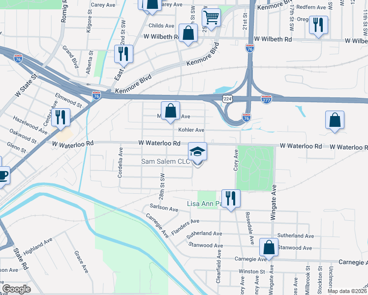 map of restaurants, bars, coffee shops, grocery stores, and more near 1259 West Waterloo Road in Akron