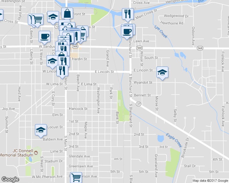 map of restaurants, bars, coffee shops, grocery stores, and more near 819 Park St in Findlay
