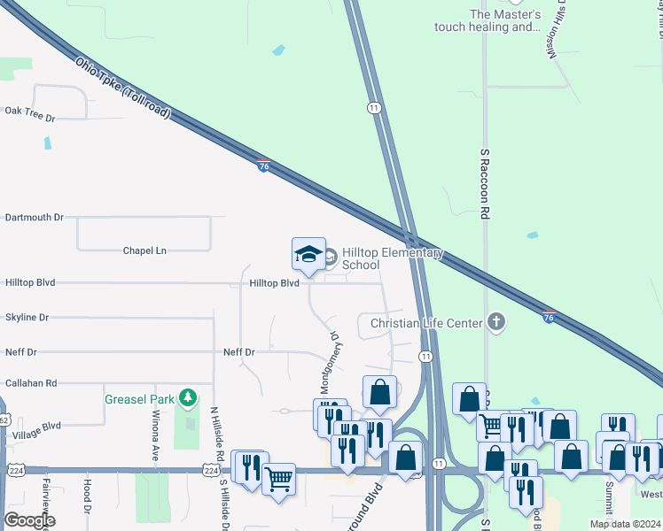 map of restaurants, bars, coffee shops, grocery stores, and more near 400 Hilltop Boulevard in Canfield
