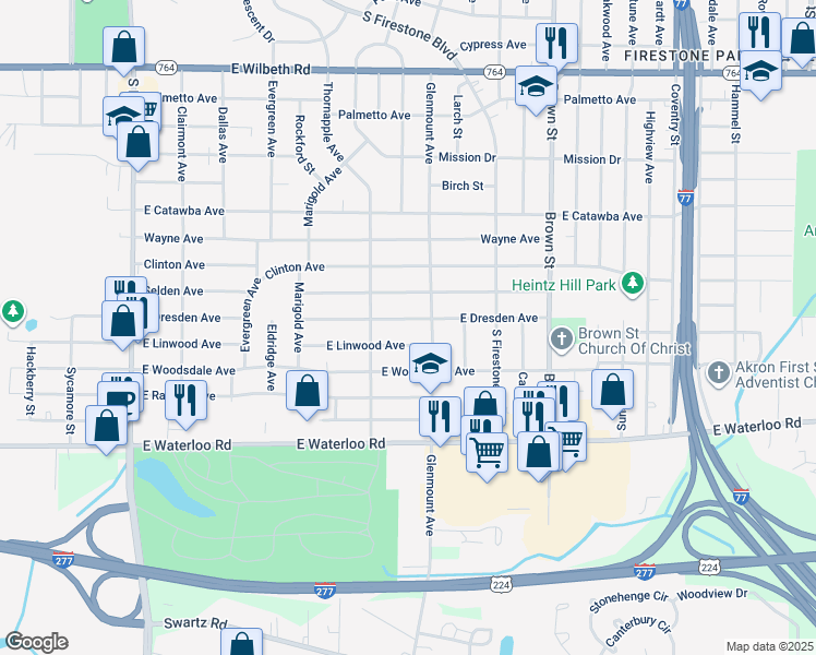 map of restaurants, bars, coffee shops, grocery stores, and more near 308 East Dresden Avenue in Akron