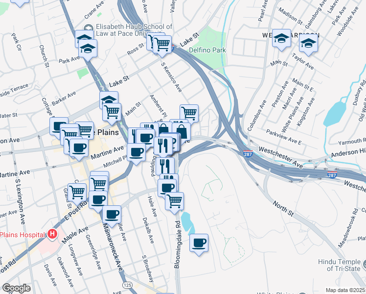 map of restaurants, bars, coffee shops, grocery stores, and more near 145 Westchester Avenue in White Plains