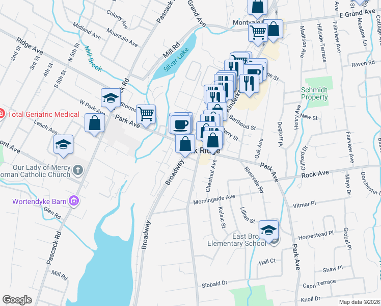map of restaurants, bars, coffee shops, grocery stores, and more near 90 Park Avenue in Park Ridge