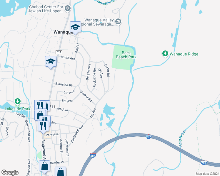 map of restaurants, bars, coffee shops, grocery stores, and more near 30 4th Avenue in Wanaque
