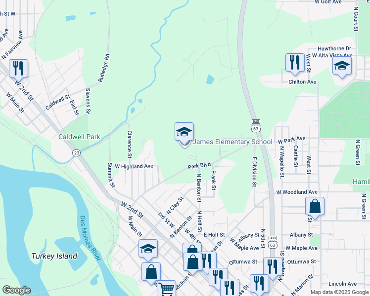 map of restaurants, bars, coffee shops, grocery stores, and more near 1001 North Benton Street in Ottumwa