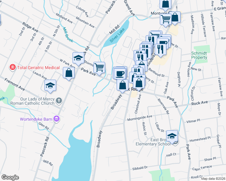 map of restaurants, bars, coffee shops, grocery stores, and more near 1A South Maple Avenue in Park Ridge