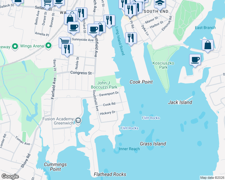 map of restaurants, bars, coffee shops, grocery stores, and more near 74 Davenport Drive in Stamford
