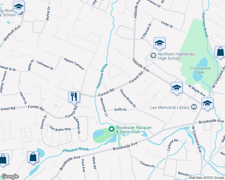 map of restaurants, bars, coffee shops, grocery stores, and more near 153 Forest Road in Allendale