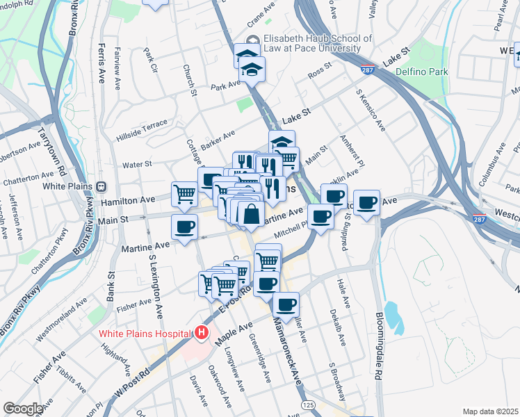 map of restaurants, bars, coffee shops, grocery stores, and more near 19 Mamaroneck Avenue in White Plains