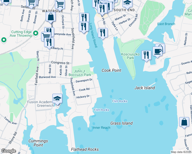 map of restaurants, bars, coffee shops, grocery stores, and more near 80 Davenport Drive in Stamford