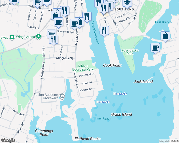 map of restaurants, bars, coffee shops, grocery stores, and more near 74 Davenport Drive in Stamford