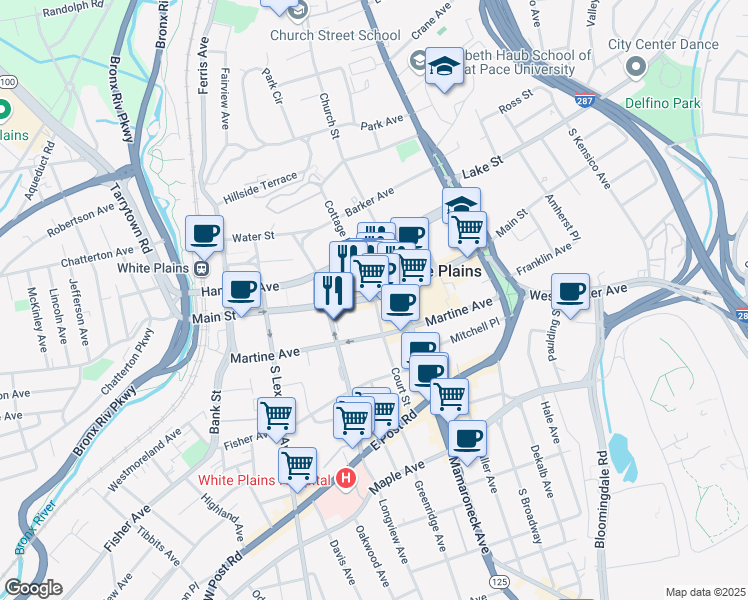 map of restaurants, bars, coffee shops, grocery stores, and more near in White Plains