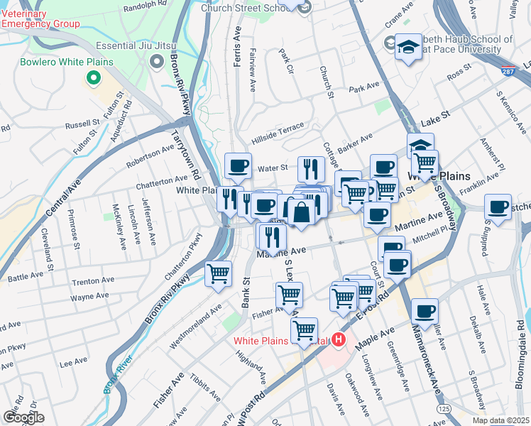 map of restaurants, bars, coffee shops, grocery stores, and more near 56 Hamilton Avenue in White Plains