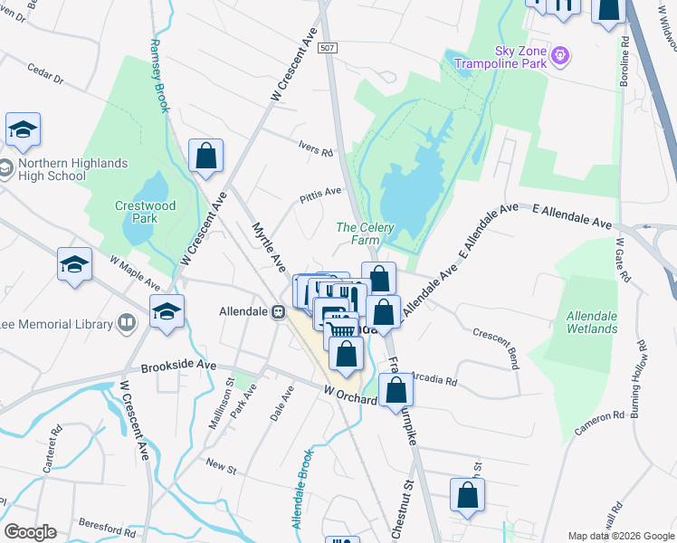map of restaurants, bars, coffee shops, grocery stores, and more near 70 Elm Street in Allendale
