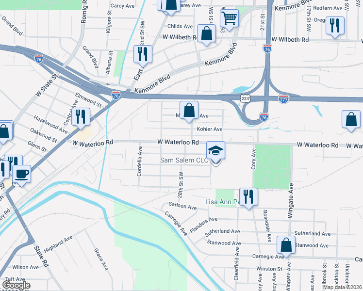 map of restaurants, bars, coffee shops, grocery stores, and more near 1304 West Waterloo Road in Akron