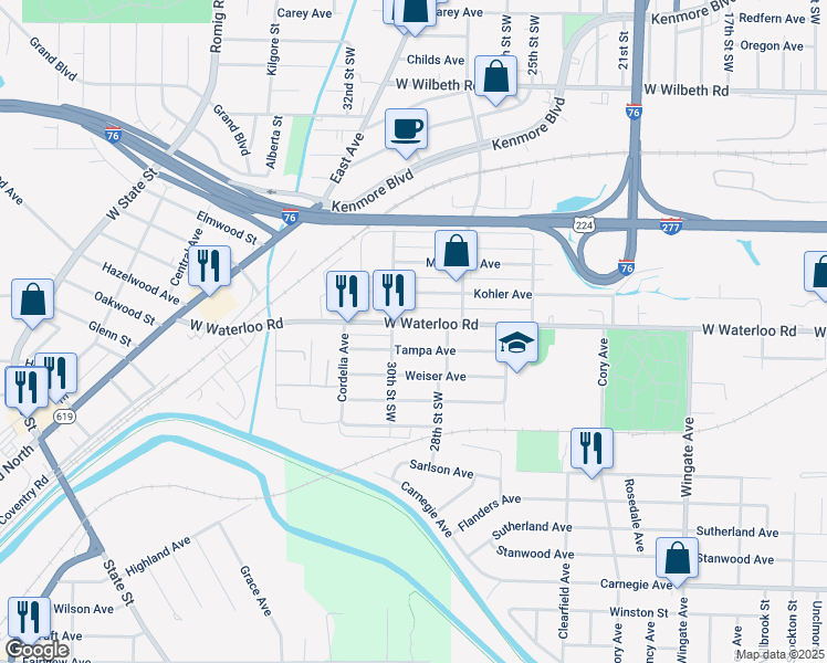 map of restaurants, bars, coffee shops, grocery stores, and more near 1350 West Waterloo Road in Akron