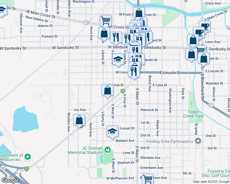 map of restaurants, bars, coffee shops, grocery stores, and more near 815 South West Street in Findlay