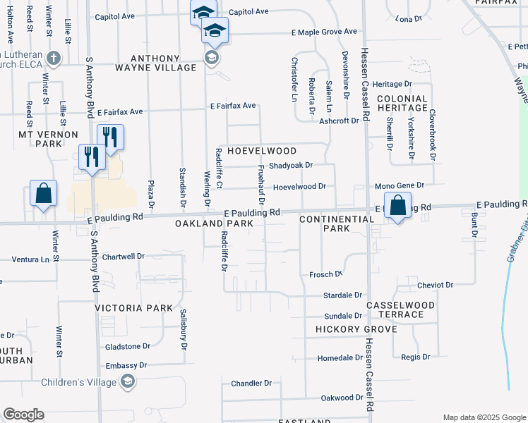 map of restaurants, bars, coffee shops, grocery stores, and more near 2605 East Paulding Road in Fort Wayne